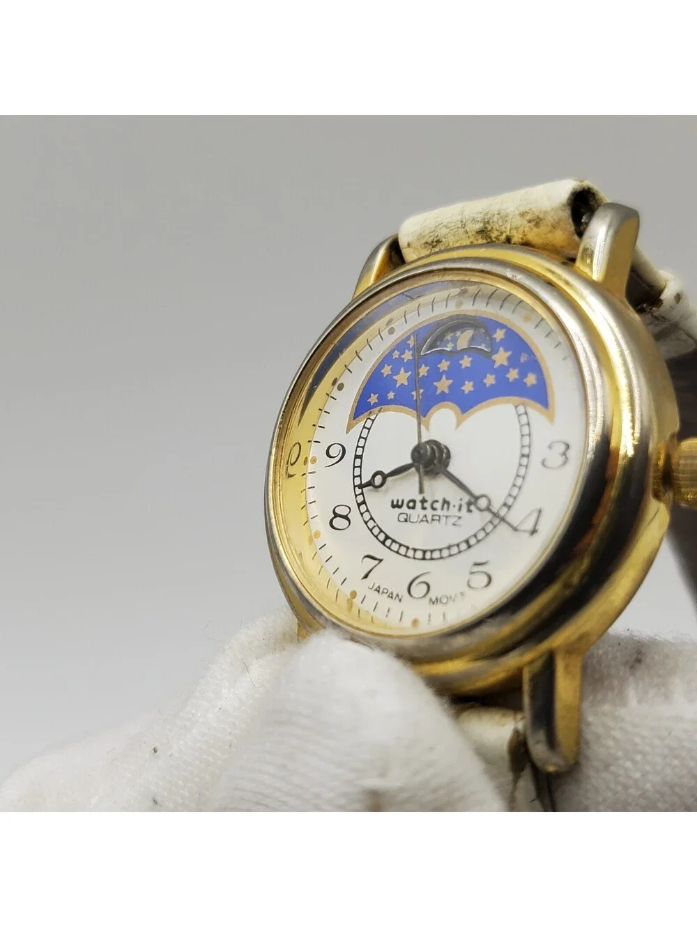 Vintage Watch-it Nelsonic Moon Phase Womens Watch Gold Tone 24mm New Battery